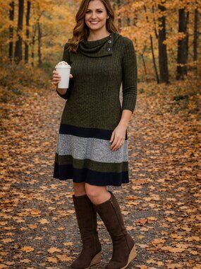 Signature by Robbie Bee /Forest Green Button-Neck Ribbed Sweater Dress